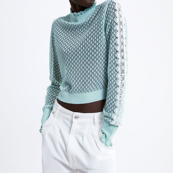 NWT ZARA KNIT SWEATER WITH RUFFLES Mint SMALL - Picture 4 of 8